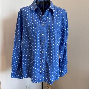 Talbots Blue Polka Dot Linen Button Down Roll Tab Sleeve Casual Shirt L Petite